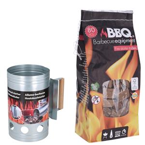 Trendoz BBQ briketten/houtskool starter met houten handvat 27 cm met 80x BBQ aanmaakblokjes -