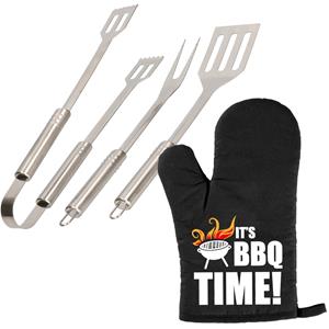 Trendoz Barbecue/bbq gereedschap 3-delige set 33 cm van RVS met BBQ handschoen It's BBQ Time! -