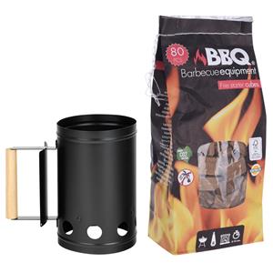 Trendoz BBQ/Barbecue briketten starter met houten handvat zwart 27 cm met 80x BBQ aanmaakblokjes -