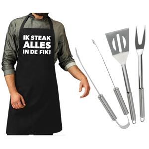 Trendoz BBQ/barbecue gereedschap set 3-delig RVS met zwart schort Ik steak alles in de fik! -