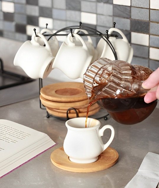Acar Kaffeeservice Set mit 6 Tassen mit Bambusteller, Porzellan