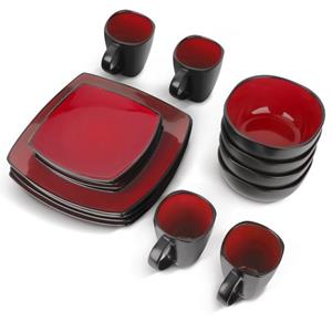 MiaMio Geschirr-Set  - 16 teilig Geschirrset (4 Tassen, 4 Schüsseln, 8 Teller) Rot