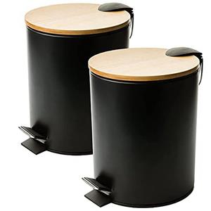 Centi Mülleimer 2er Set Kosmetikeimer 5 Liter, Bad Mülleimer Schwarz, Badmülleimer aus lackiertem Stahl mit Tretdeckel aus Bambus