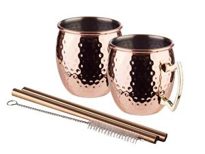 APS Cocktailglas, Edelstahl, Moscow Mule Cocktail Set 2x Kupfer-becher glänzend 2x Metall Strohhalm