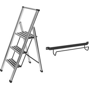 Wenko Huishoudtrapje 3-traps, inclusief ladderhouder, xxl-treden, plat inklapbaar, aluminium