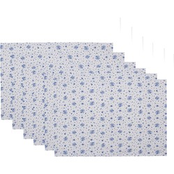 Clayre & Eef Placemats Set van 6 48x33 cm Wit Blauw Katoen Rechthoek Roosjes