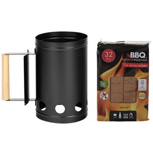 Merkloos BBQ/Barbecue briketten starter met houten handvat zwart 27 cm met 32x BBQ aanmaakblokjes -