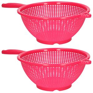 PlasticForte Keuken vergiet/zeef met steel - 2x - kunststof - Dia 22 cm x Hoogte 10 cm - fuchsia roze -