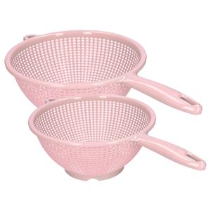 PlasticForte Keuken vergieten/zeef met steel - 2x stuks - kunststof - Dia 22 en 24 cm - roze -