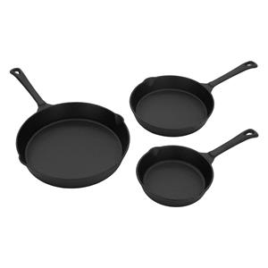 bbq#boss Bbqboss 3-teiliges Gusseisen Brat- und Steak Pfannen Set, ø 16/20/25 cm, Schwarz, Antihaftbeschichtetes Pfannenset mit Griff & Ausgießmulde,