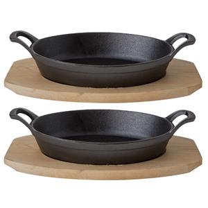 Cosy & Trendy Set van 2x stuks gratinschalen/ovenschalen 30 cm gietijzer met houten onderbord -