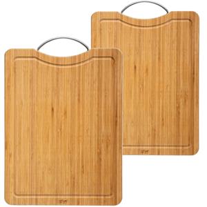 Secret de Gourmet Set met 2x formaten snijplanken met metalen handvat van bamboe hout -