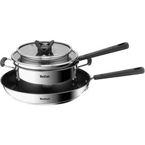 Tefal Topf-Set "G737S5 OptiSpace lig", Edelstahl, (Set, 5 tlg., Stielkasserolle 16 cm, Kochtopf 20 cm, je mit Deckel, Pfanne 28 cm)