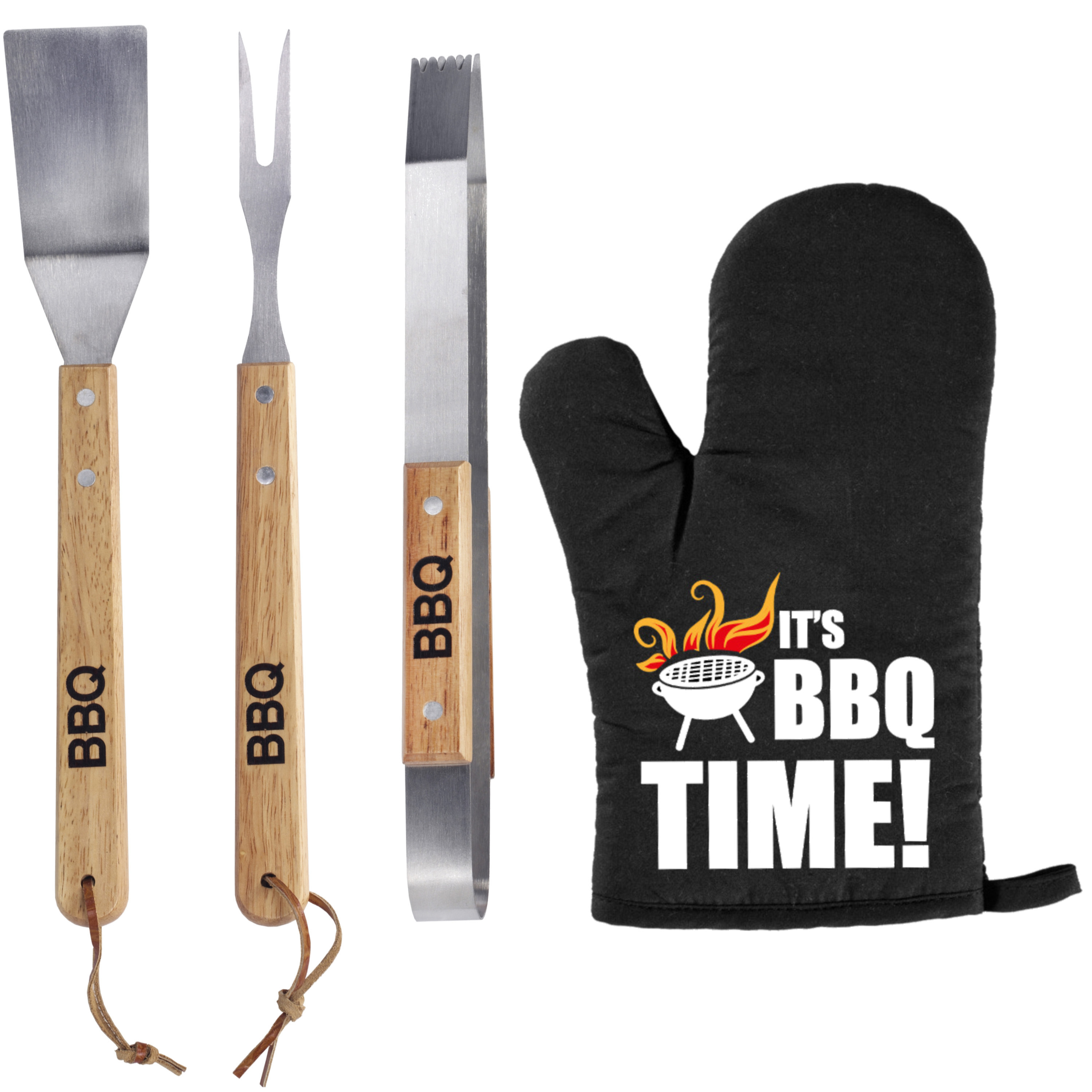 Merkloos Luxe barbecue gereedschap set met houten handgrepen 3-delig RVS met BBQ handschoen It's BBQ Time! -