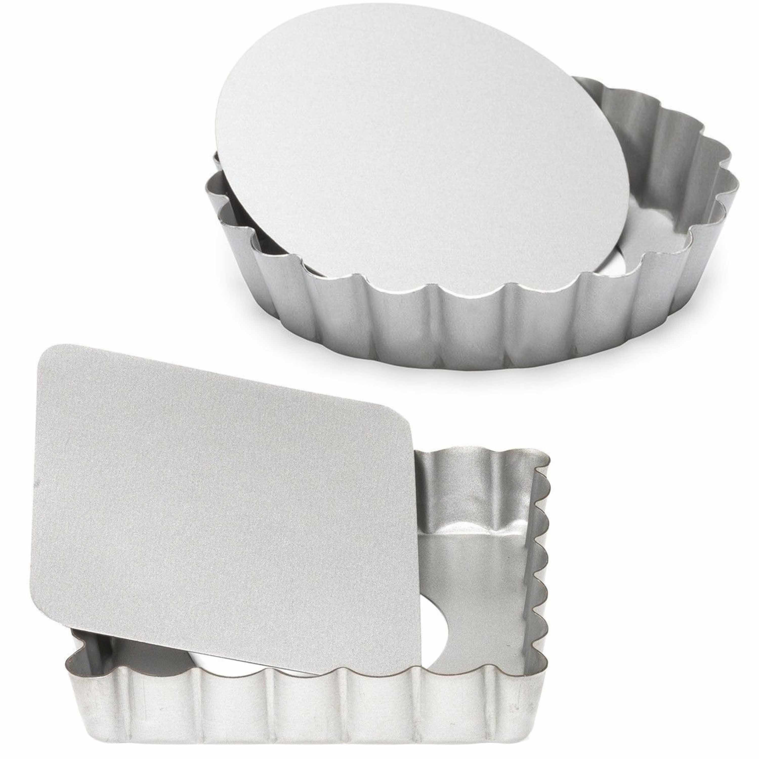 Patisse Set van 2x mini taart/quiche bakvormen vierkant en rond zilver 10 cm -