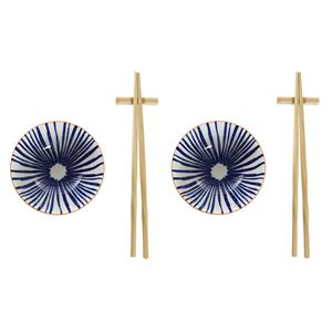Items 6-delige sushi serveer set aardewerk voor 2 personen blauw/wit -