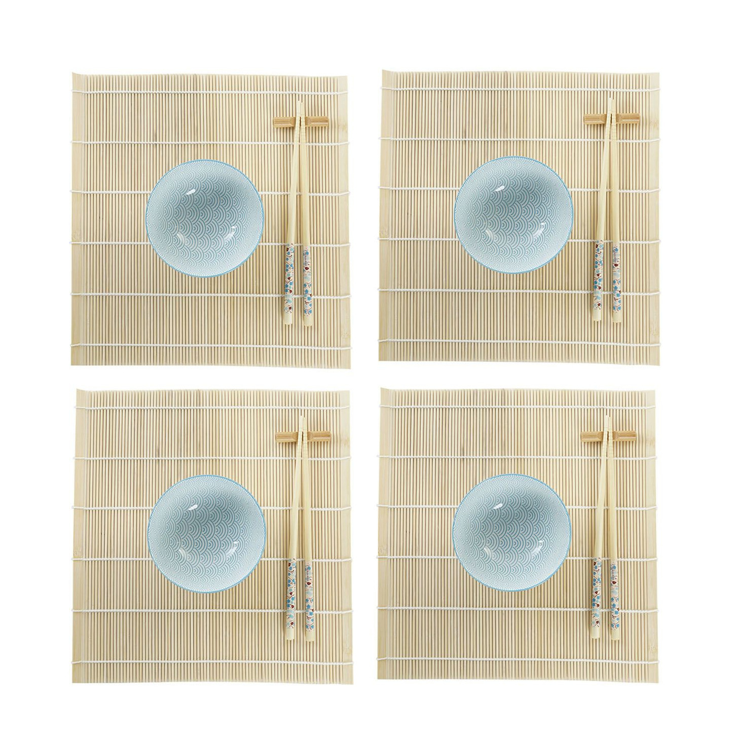 Items 16-delige sushi serveer set aardewerk voor 4 personen licht blauw/wit -