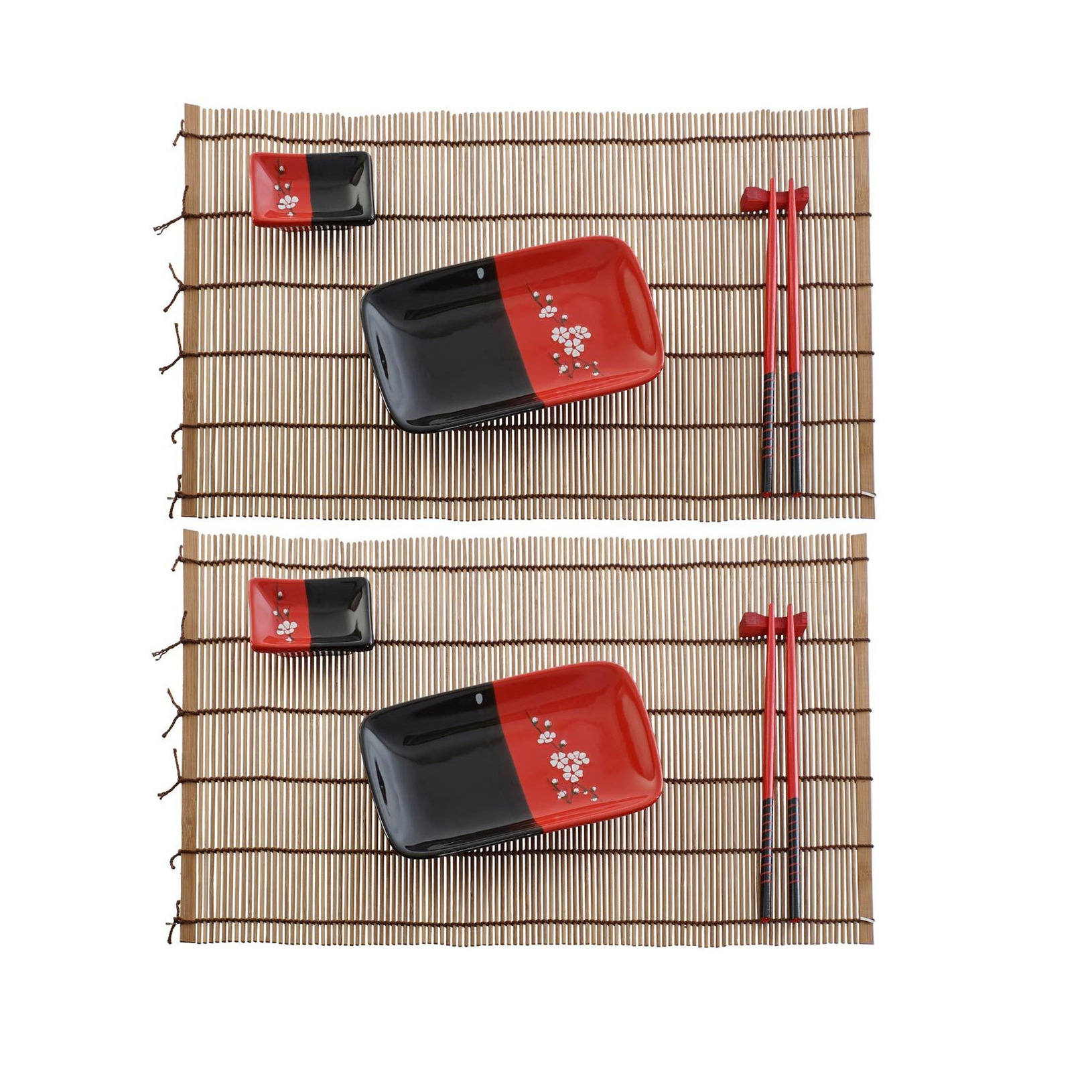 Items 10-delige sushi serveer set keramiek voor 2 personen zwart/rood -
