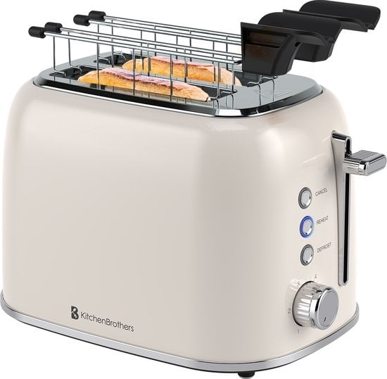 KitchenBrothers Broodrooster met Tostiklemmen - Toaster - 6 Warmteniveaus - Brede Sleuven - Tosti Apparaat Broodrooster - 870W - Beige