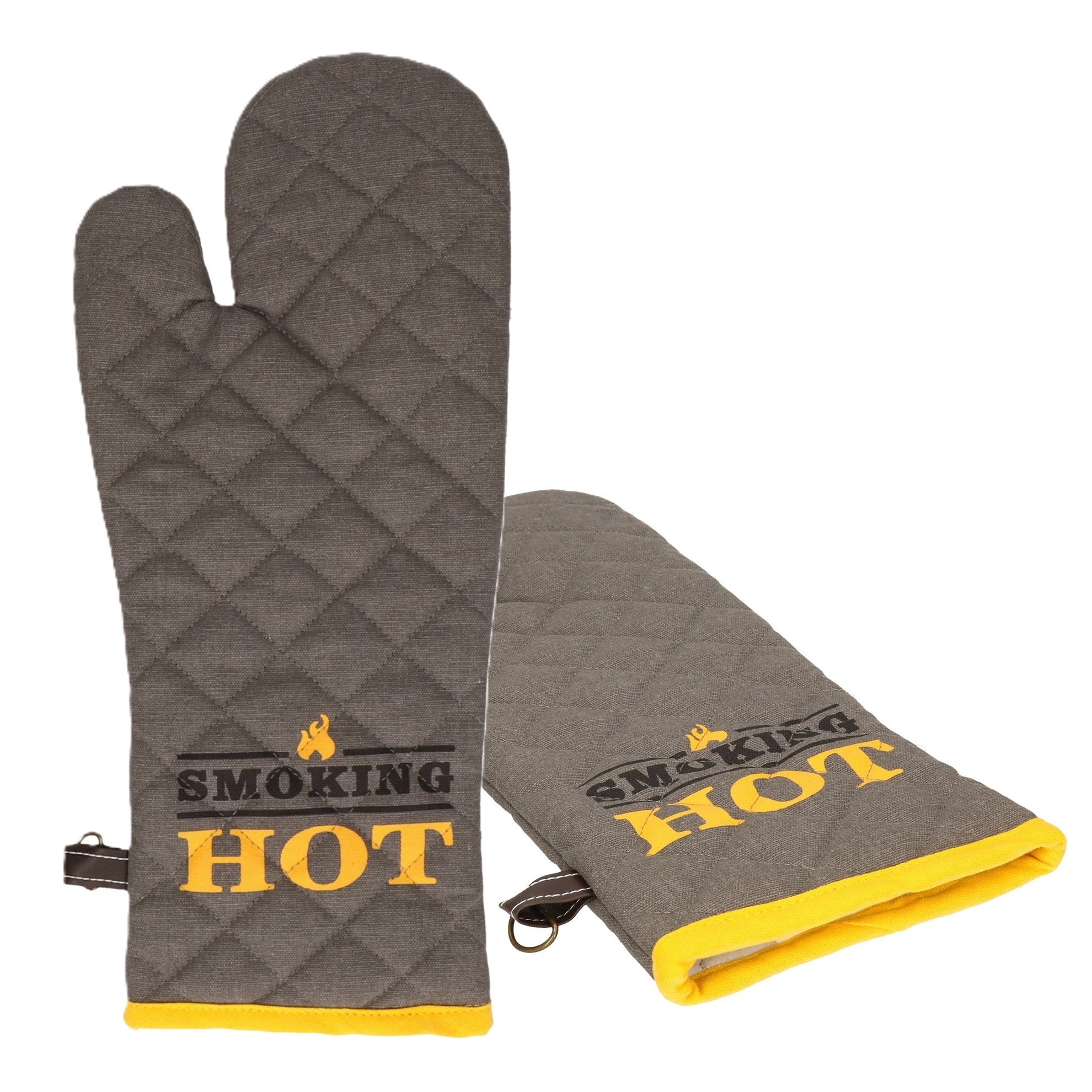 Merkloos BBQ handschoenen - 2x - hittebestendig tot 250 graden - donker grijs/geel - katoen - ovenwanten -