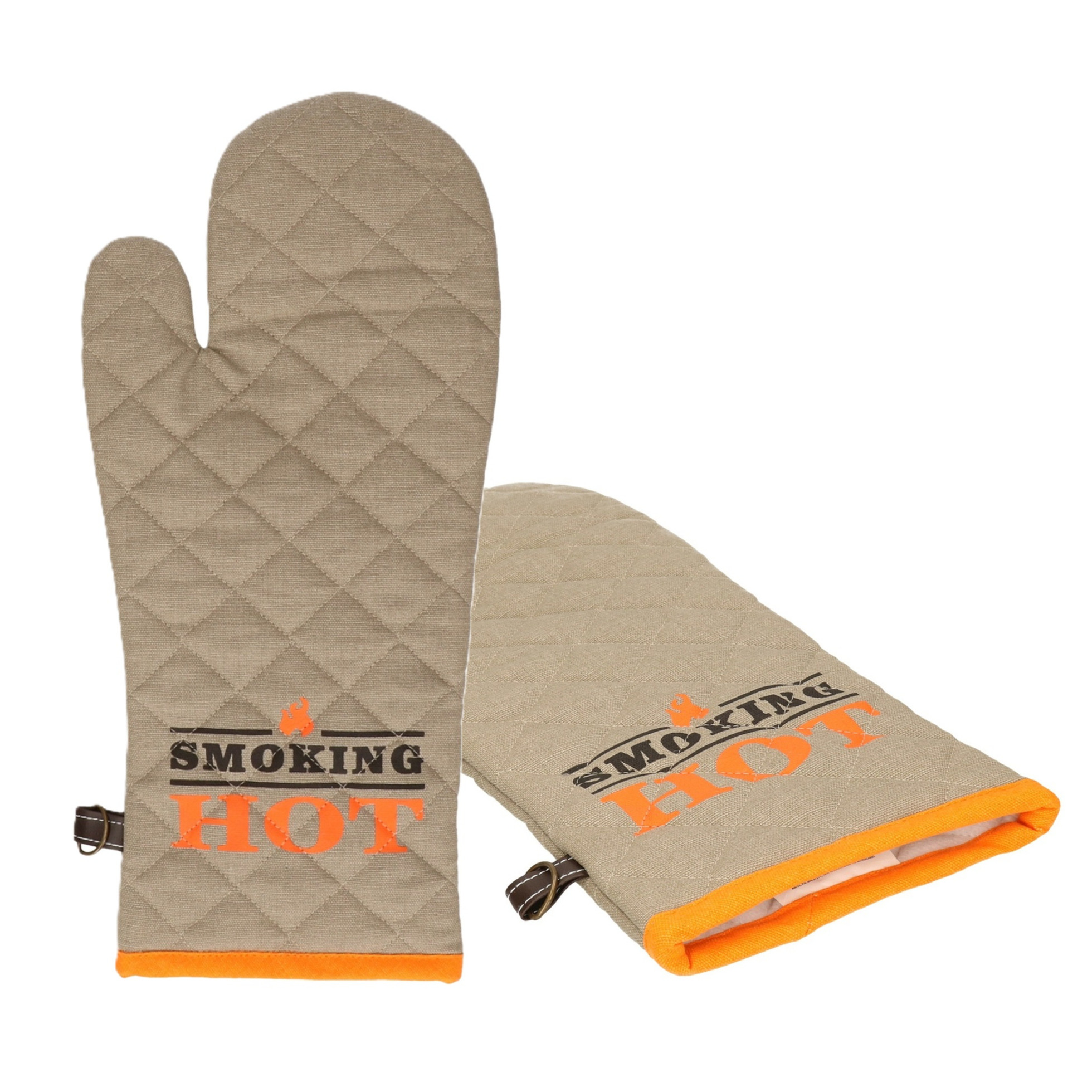 Merkloos BBQ handschoenen - 2x - hittebestendig tot 250 graden - lichtgrijs/oranje - katoen - ovenwanten -