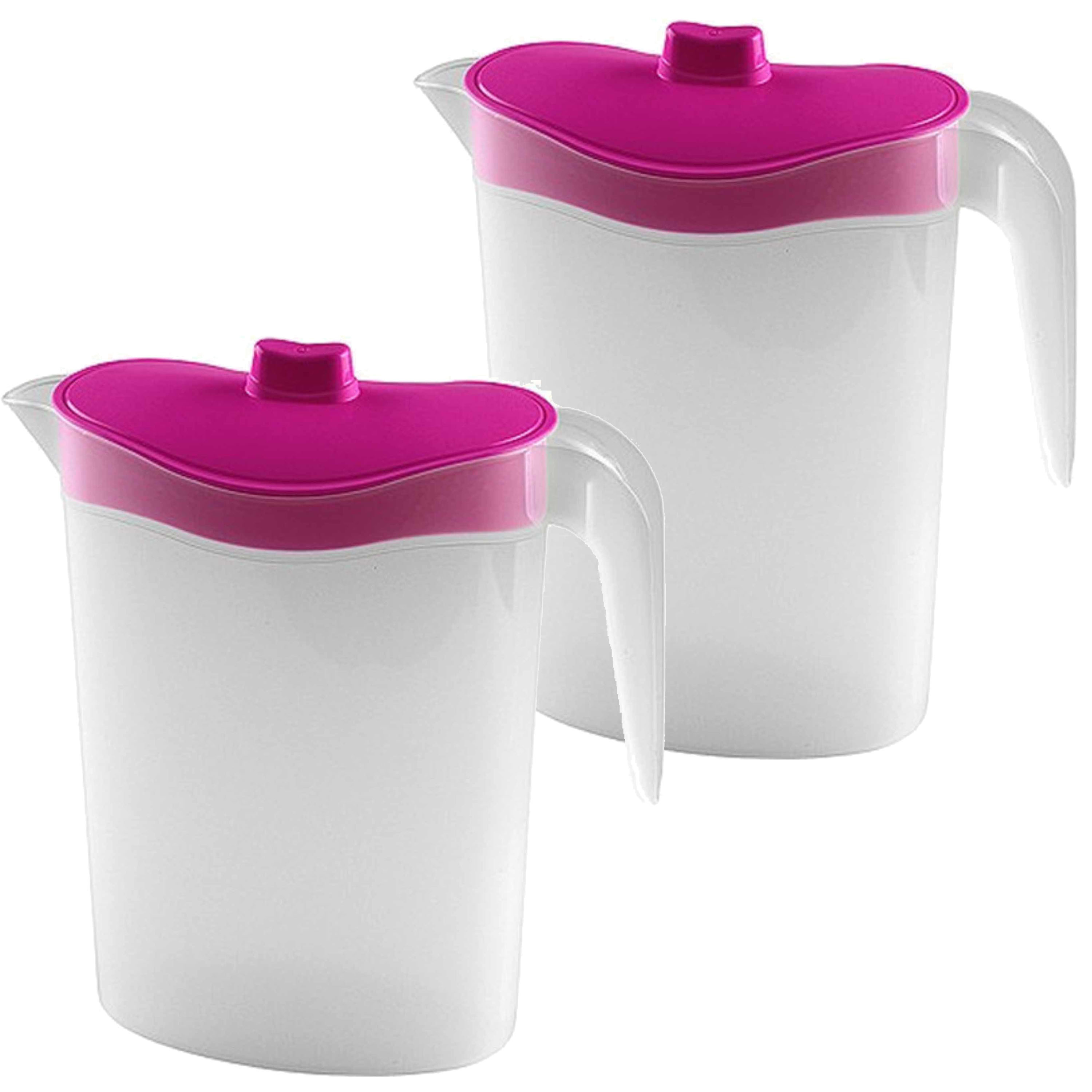 Hega Hogar 2x Waterkannen/sapkannen met roze deksel 1,5 liter kunststof -