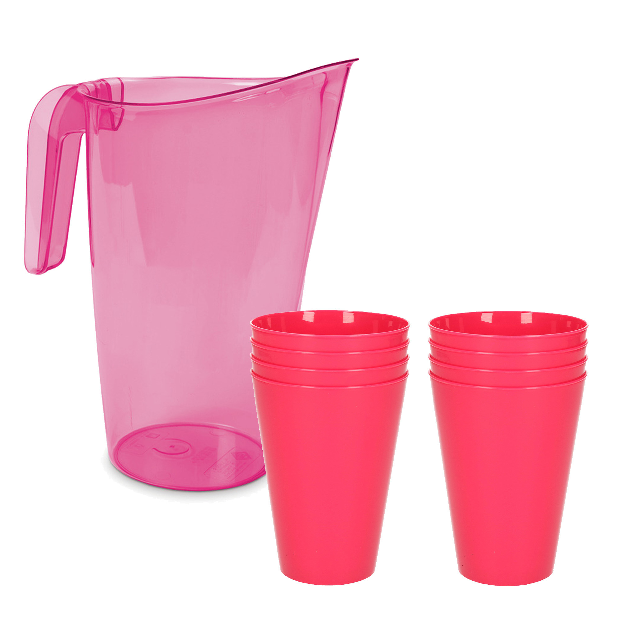 Hega Hogar 8x kunststof drinkbekers 430 ML met schenkkan set roze van 1.75 liter -