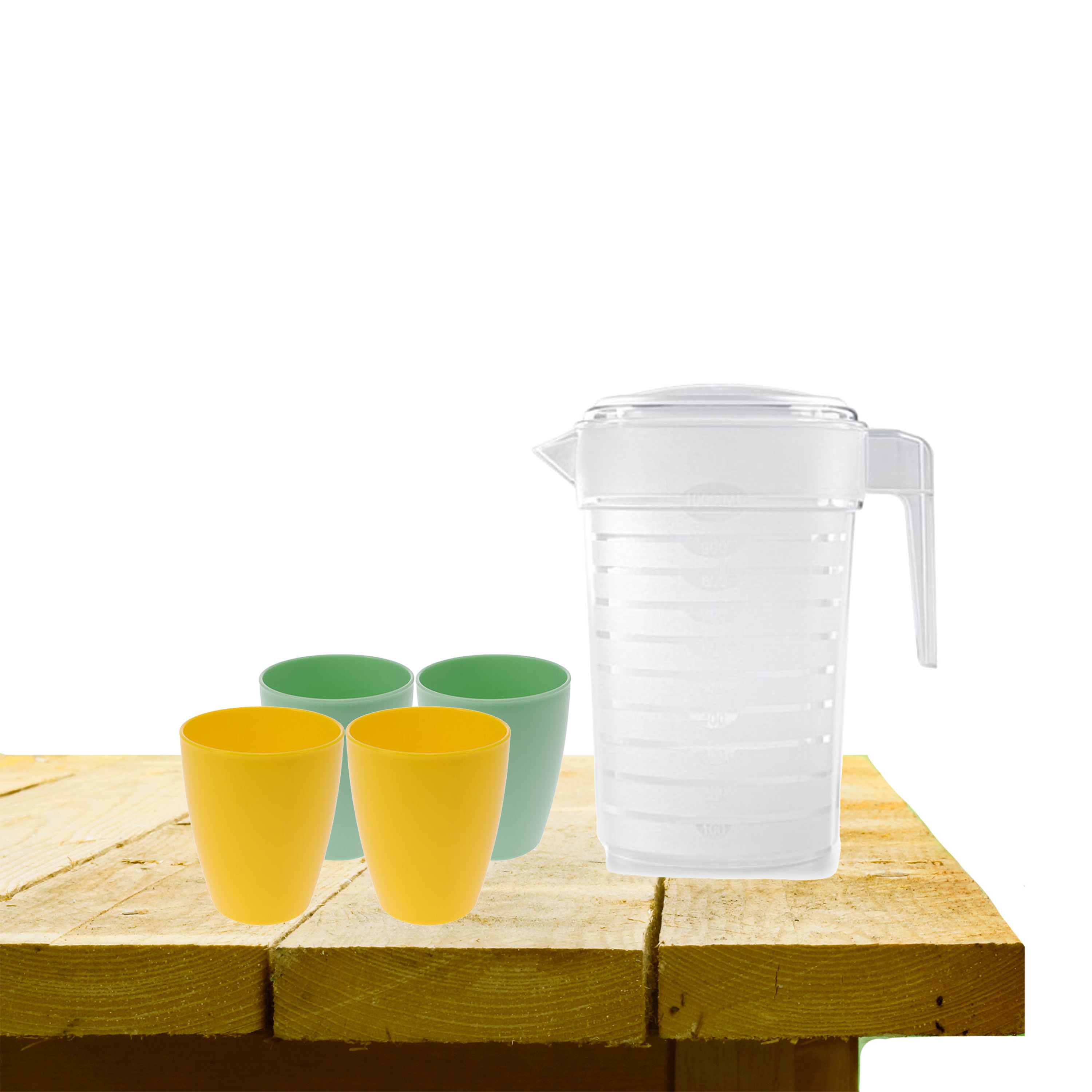 Forte Plastics Set van 1x waterkan 1 liter met drinkbekers 2x geel en 2x groen -