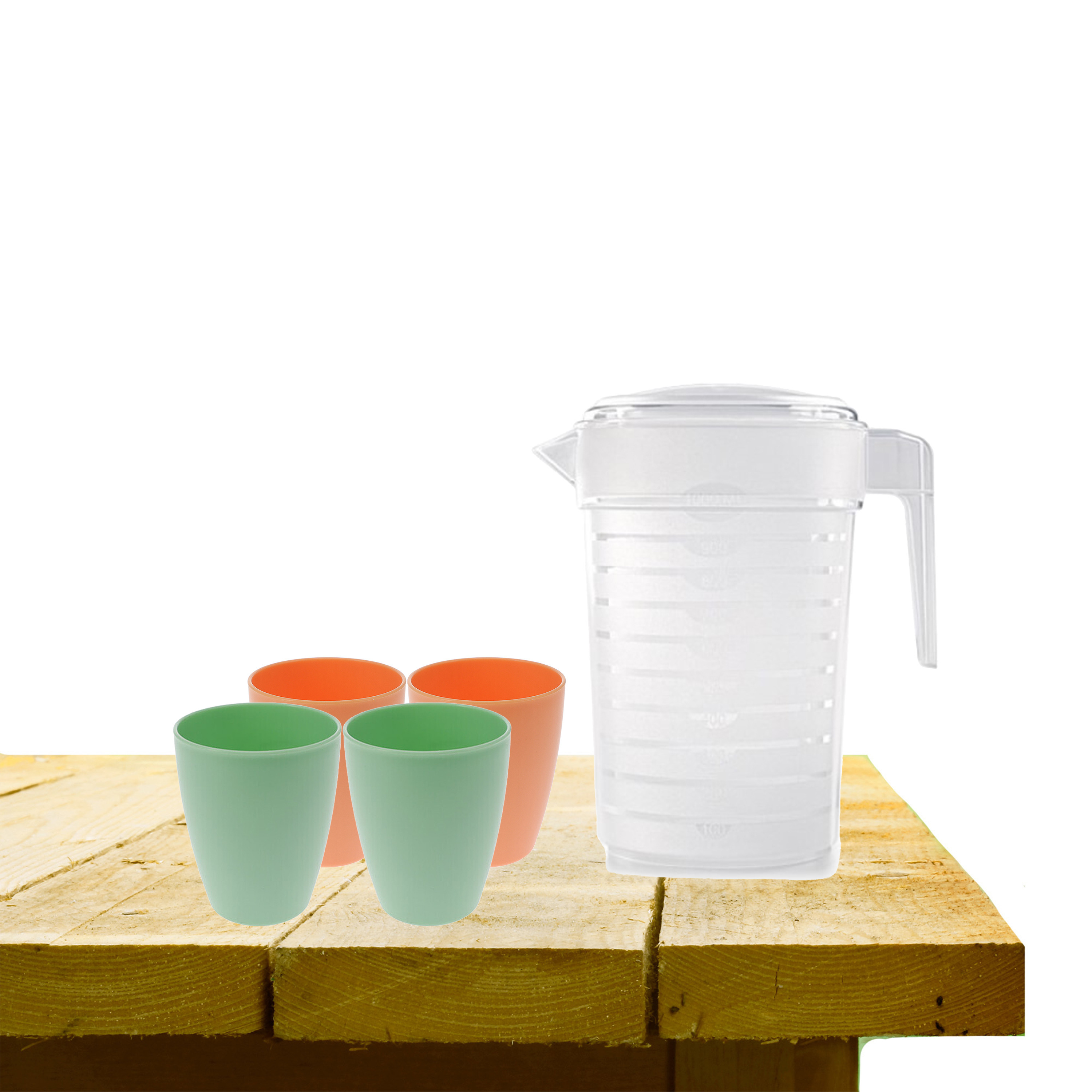 Forte Plastics Set van 1x waterkan 1 liter met drinkbekers 2x groen en 2x oranje -