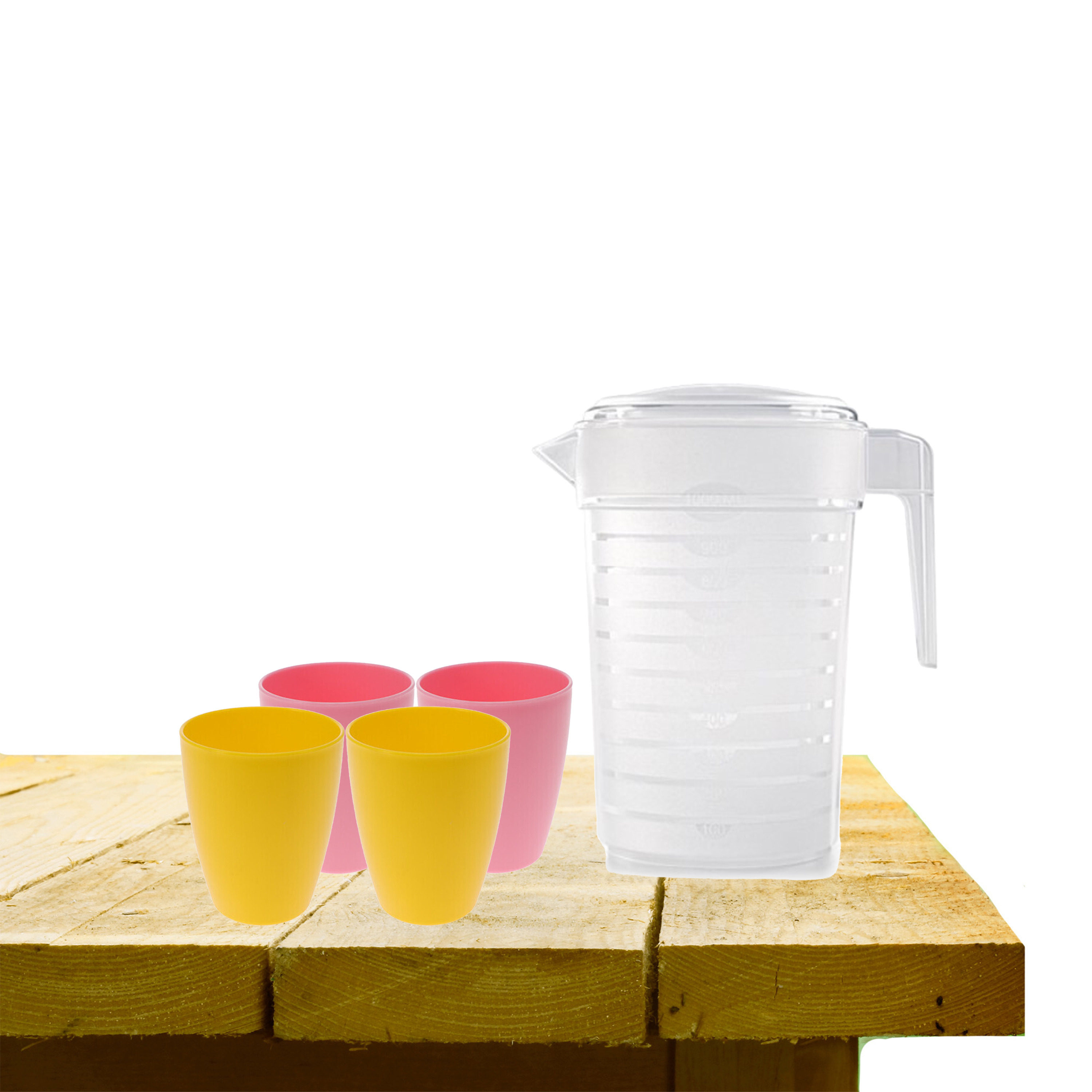 Forte Plastics Set van 1x waterkan 1 liter met drinkbekers 2x roze en 2x geel -
