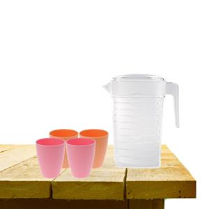 Forte Plastics Set van 1x waterkan 1 liter met drinkbekers 2x roze en 2x oranje -