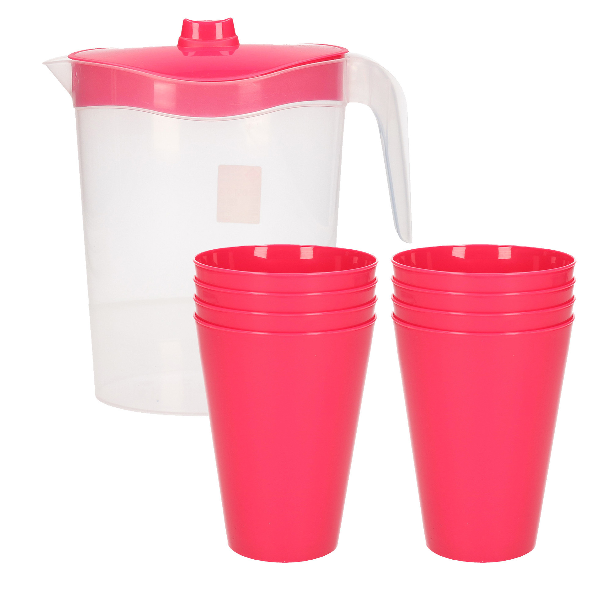Hega Hogar 8x kunststof drinkbekers 430 ML met schenkkan set roze van 2.5 liter -