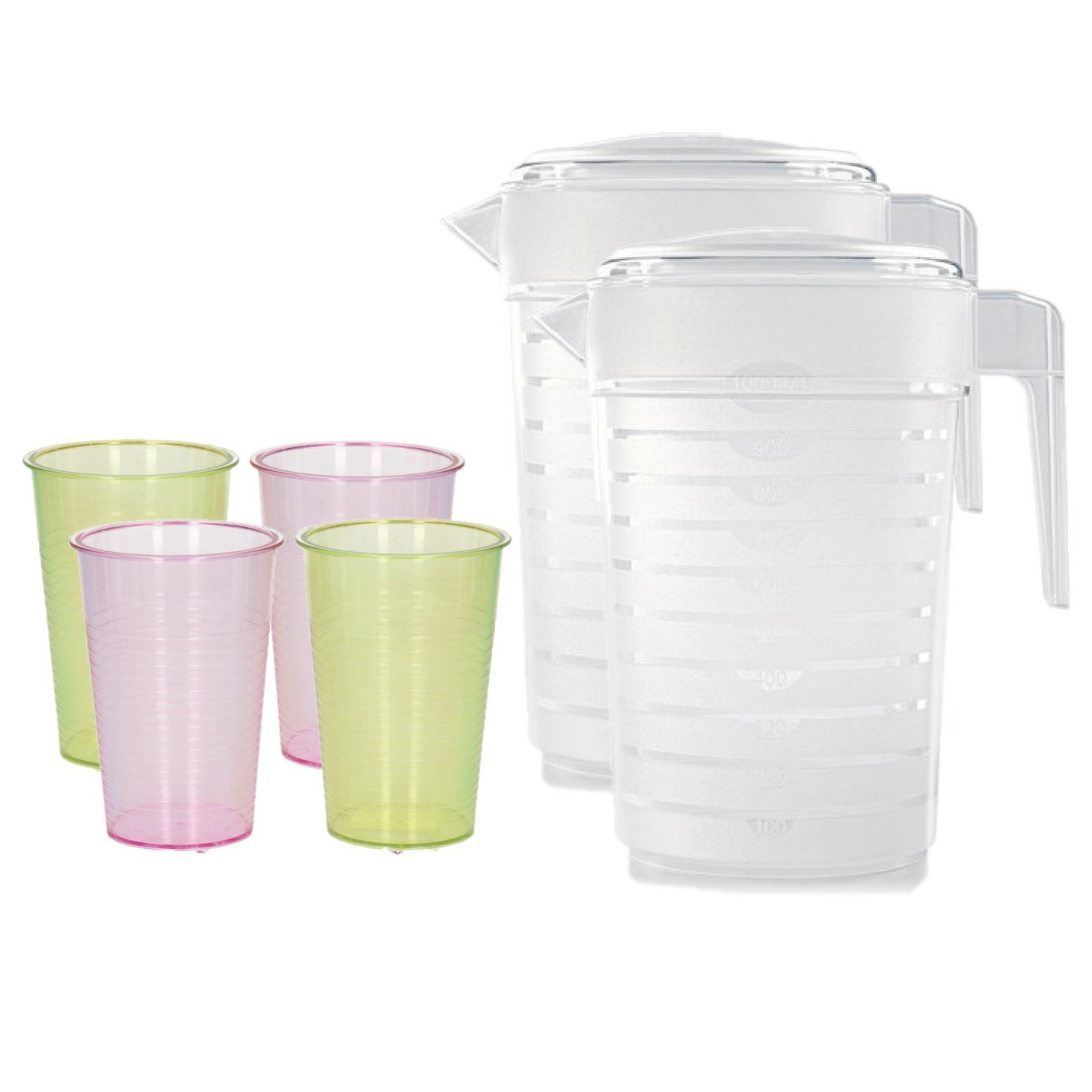 Forte Plastics 2x stuks water/limonade schenkkannen 2 liter met 12x kunststof glazen voordeelset -