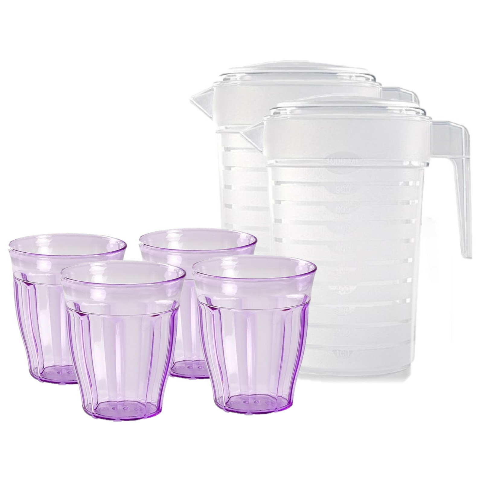 Forte Plastics Water/limonade schenkkannen 2x stuks van 2 liter met 12x kunststof glazen voordeelset -