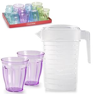 Forte Plastics 2x stuks Water/limonade schenkkannen 2 liter met 12x kunststof glazen voordeelset -