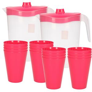 Hega Hogar 16x kunststof drinkbekers 430 ML met 2x stuks schenkkannen set roze van 2.5 liter -