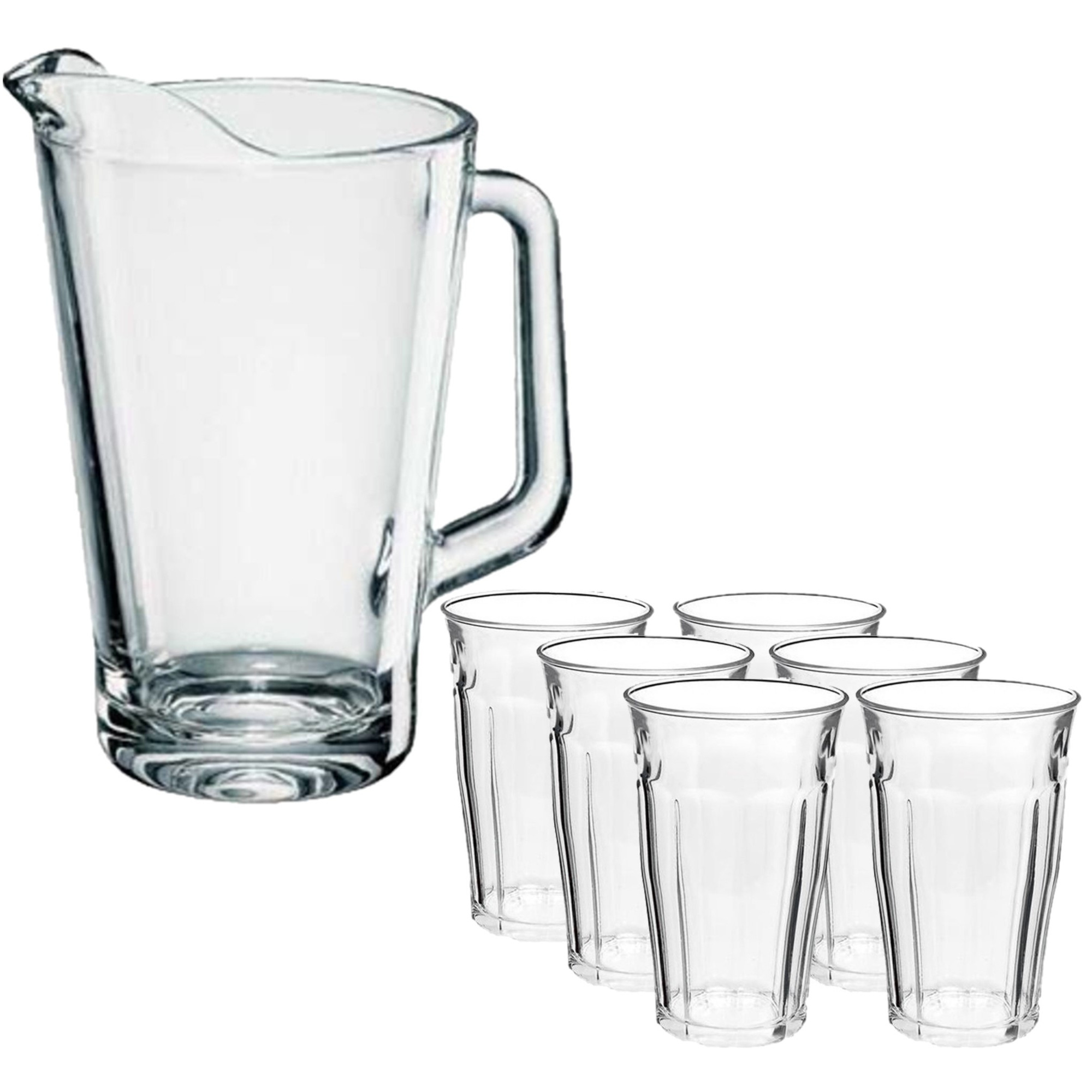 Merkloos Glazen karaf/schenkkan van 1,5 liter met 6x stuks drinkglazen/waterglazen 360 ml -