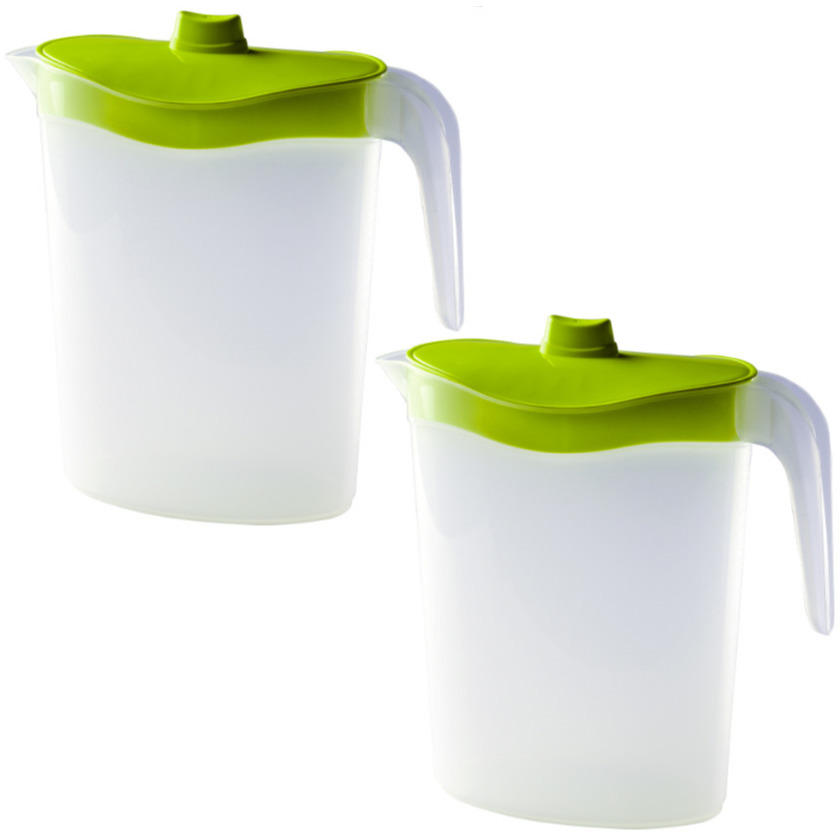 Hega Hogar 2x Waterkannen/sapkannen met groene deksel 1,5 liter kunststof -