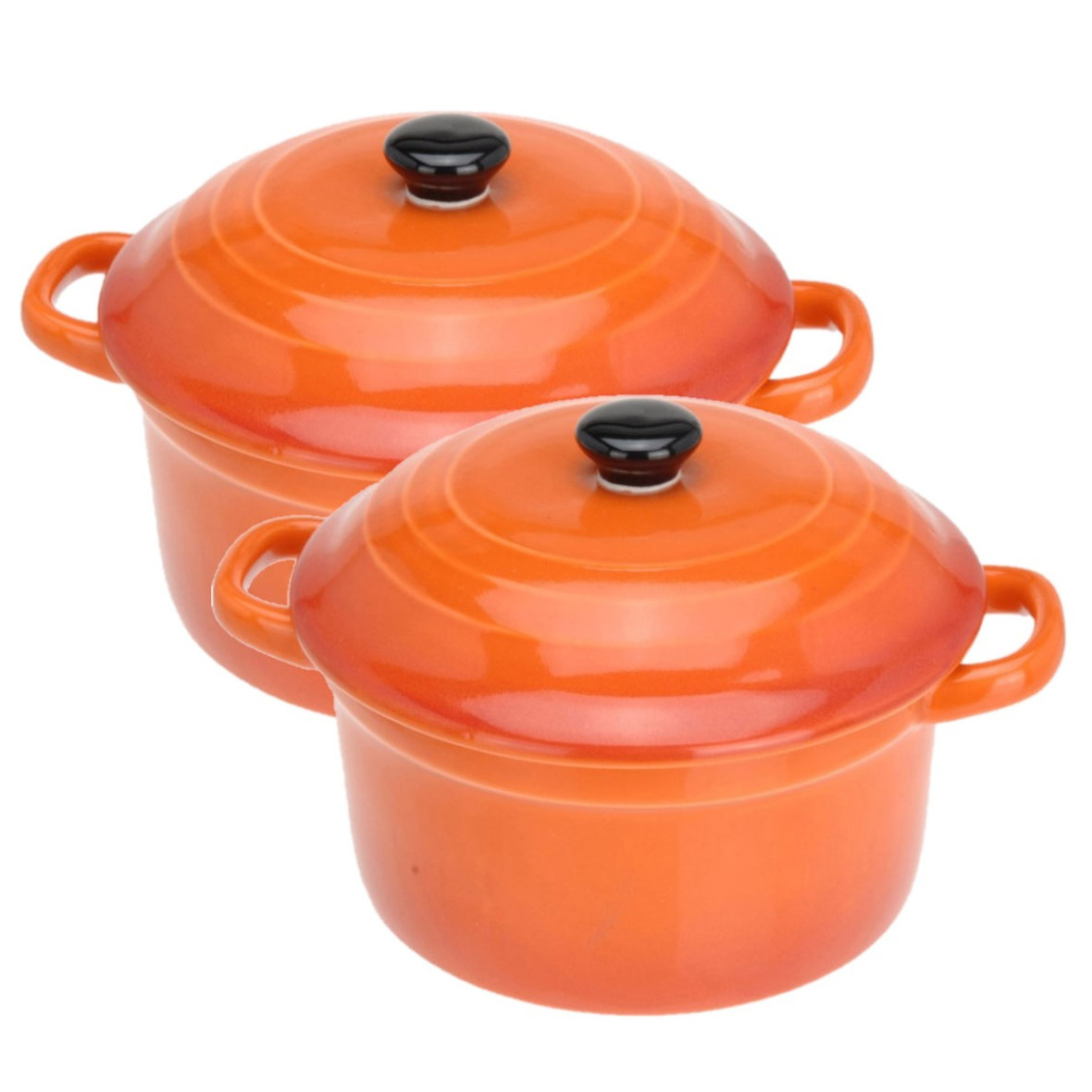 Excellent Houseware Set van 2x stuks mini stoofpannetjes/ovenschaaltjes met deksel oranje 9 cm van porselein -