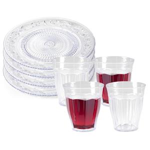 PlasticForte Servies van kunststof - 4x dinerborden en 4x drinkbekers - transparant -