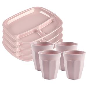 PlasticForte Servies van kunststof - 4x vakjesborden en 4x drinkbekers - roze -