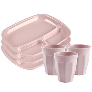 PlasticForte Servies van kunststof - 6x vakjesborden en 6x drinkbekers - roze -