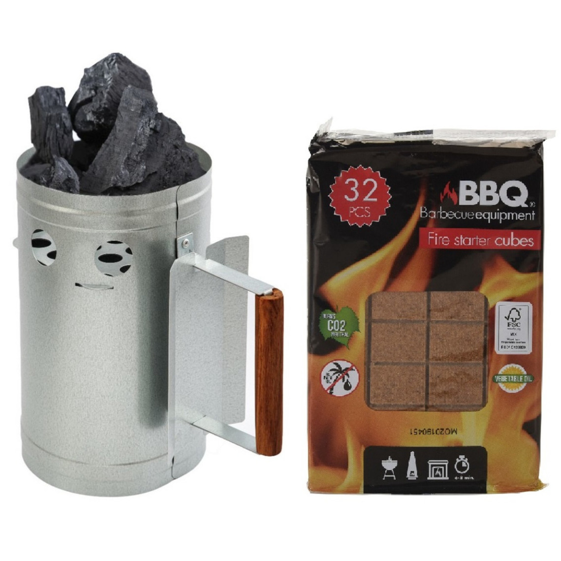 Merkloos BBQ briketten/houtskool starter met houten handvat 27 cm met 32x BBQ aanmaakblokjes -