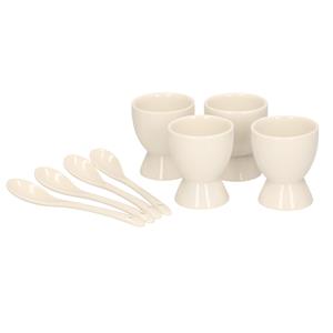 Merkloos Set van 4x eierdopjes met lepel - wit - porselein - 6 cm -