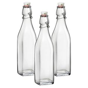 Bormioli Rocco beugelfles/weckfles - 3x - 1 liter - glas - vierkant - water/olie/azijn/sapjes -