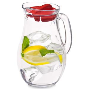 Pasabahce Waterkan/sapkan met schenkdop - 1 liter - glas - transparant/rood - 20 cm -