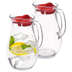 Pasabahce Waterkan/sapkan met schenkdop - 2x - 1 liter - glas - transparant/rood - 20 cm -