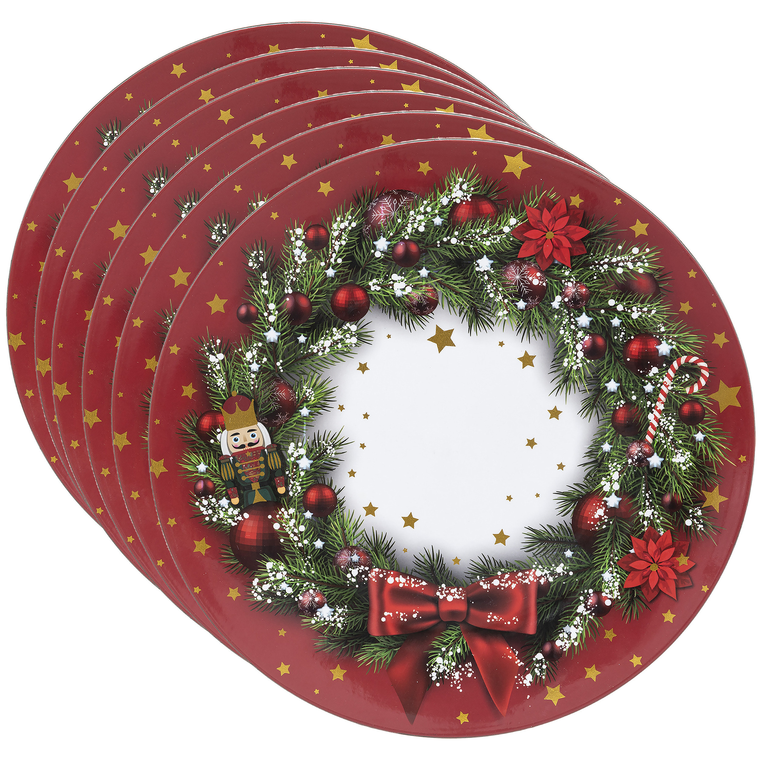 Bellatio Design Set van 6x stuks ronde kerst onderborden kerstkrans 33 cm -