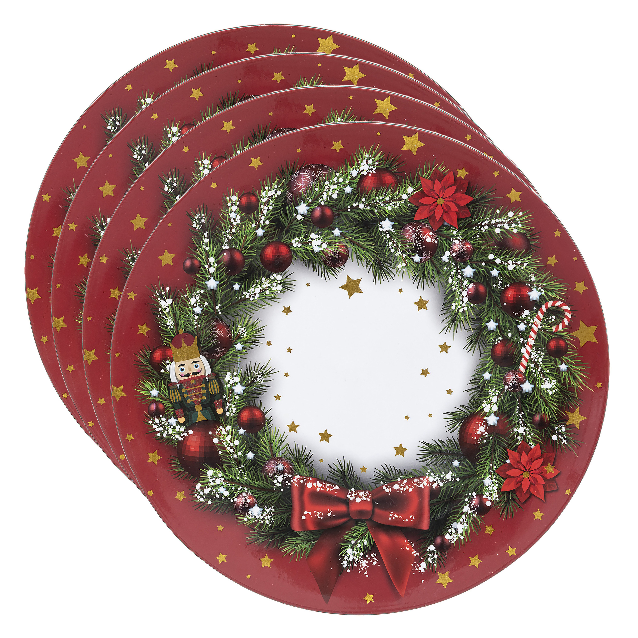 Bellatio Design Set van 4x stuks ronde kerst onderborden kerstkrans 33 cm -