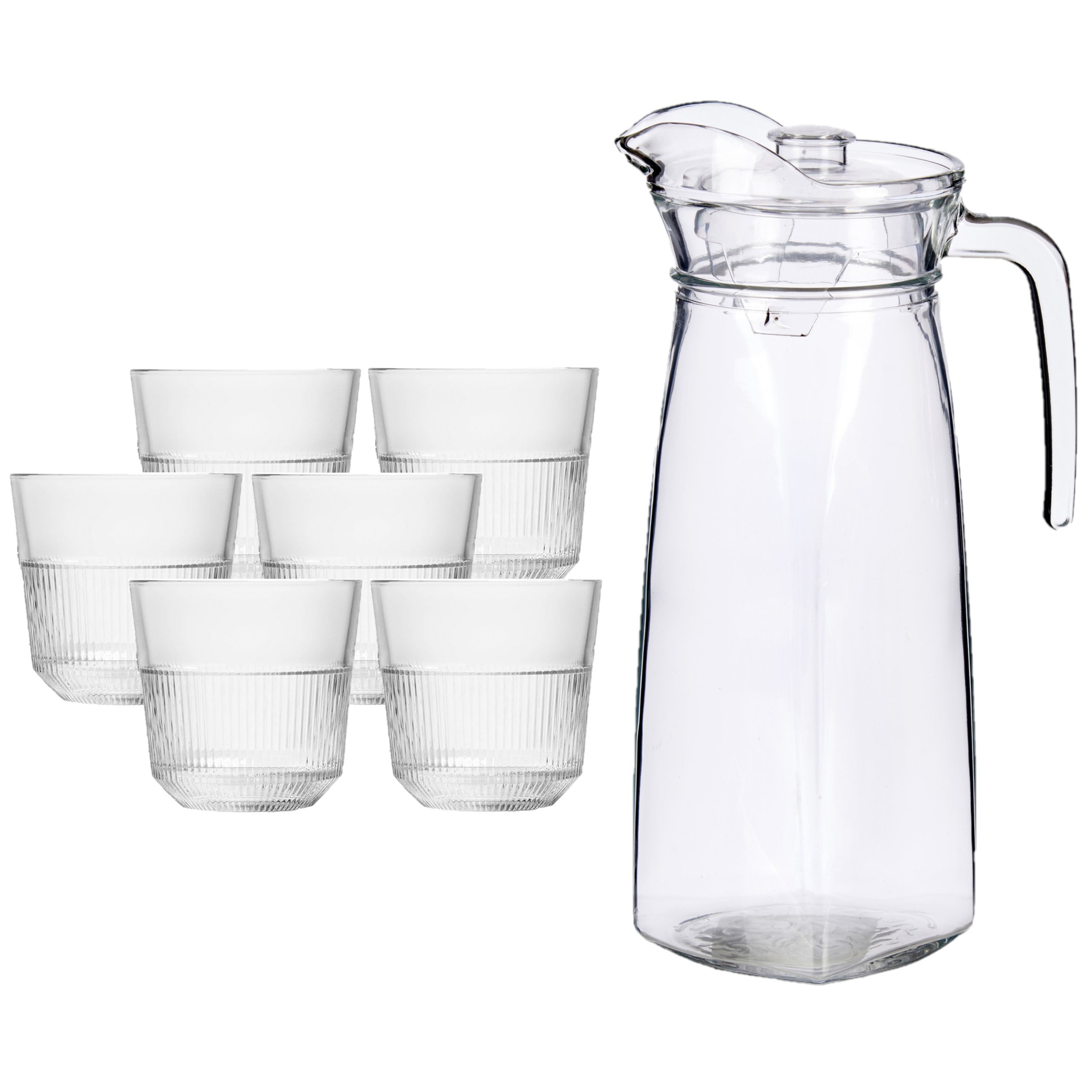 Vivalto Glazen karaf/schenkkan met deksel van 1,4 liter met 6x stuks drinkglazen/waterglazen 270 ml -